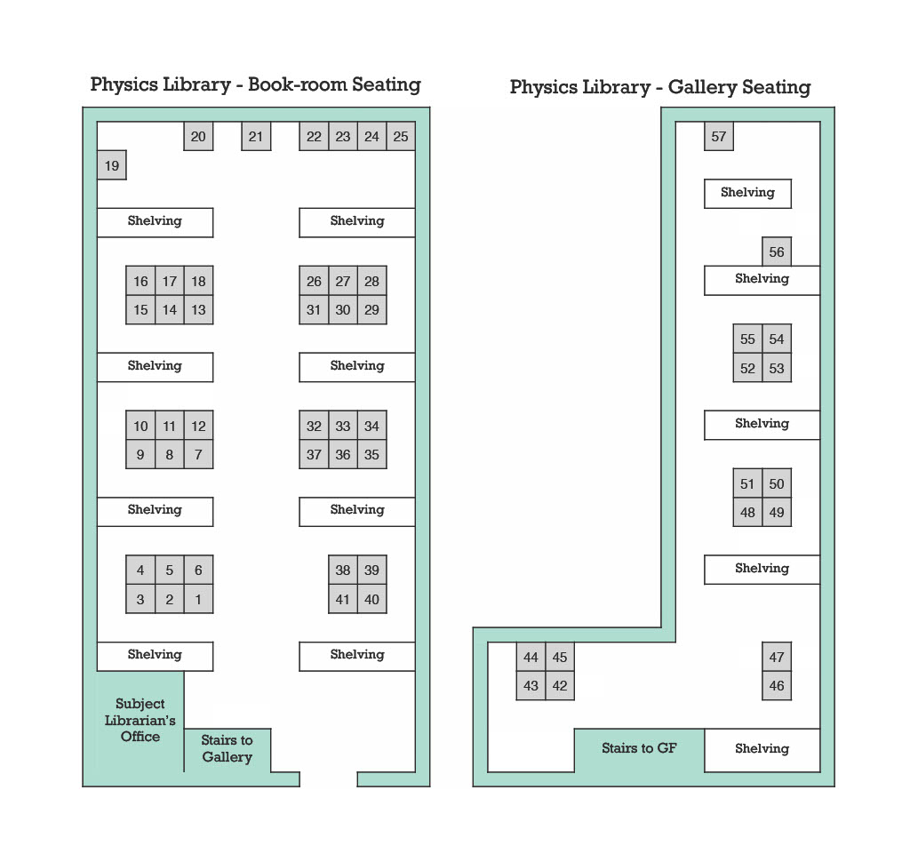 A map showing bookable study spaces in the Physics library